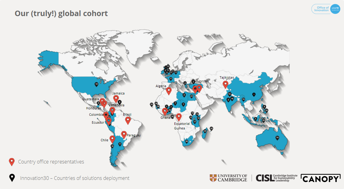 A map showing all the global south locations of the country office representatives and innovation30 startups taking part in the Climate X programme