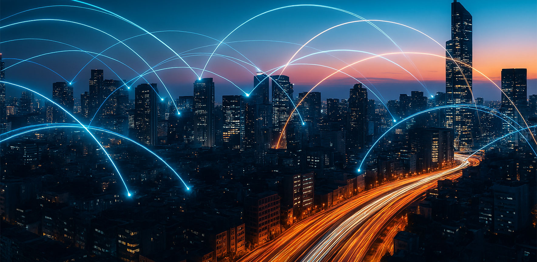 A futuristic city skyline at dusk with bright blue digital connection arcs and orange light‑trail roads representing interconnected systems and dynamic urban activity.