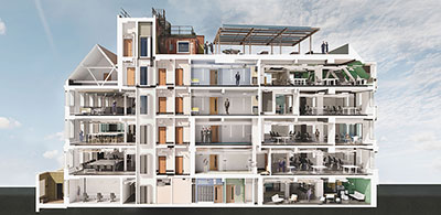 Architectural cross‑section of an innovative multi‑storey building with modern workspace design. Cross‑section architectural rendering of a multi‑storey building showing detailed interior layouts, workspaces, meeting rooms, and sustainable design features.