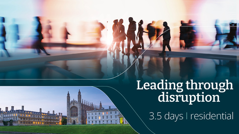 A promotional banner split between a blurred, fast‑moving crowd scene above and a historic Gothic university building below, with overlaid text reading “Leading through disruption – 3.5 days | residential.”