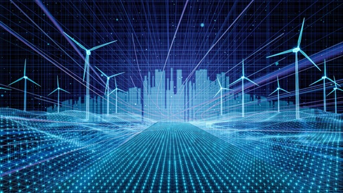 A stylised digital illustration of a futuristic city skyline surrounded by wind turbines, all set within a glowing blue grid that suggests data networks, smart infrastructure and renewable energy integration.