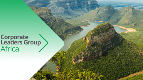 Green valley and river running through steep rocky hills with a Corporate Leaders Group Africa graphic overlay.