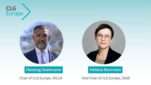 Two circular portraits appear side by side on a blue gradient background. The left portrait shows Fleming Voetmann with a turquoise name label and the title “Chair of CLG Europe, VELUX.” The right portrait shows Helena Norrman with a matching turquoise name label and the title “Vice‑Chair of CLG Europe, SSAB.” A small CLG Europe logo sits in the upper left corner.