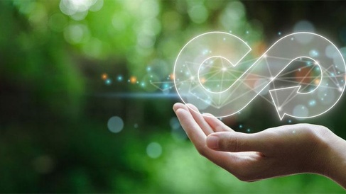 Illustration of a hand supporting a glowing circular arrow icon symbolising product traceability, resource reuse, and circular economy practices.