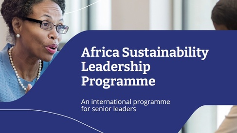 Cover image for the University of Cambridge Institute for Sustainability Leadership’s Africa Sustainability Leadership Programme. A person wearing glasses sits at a meeting table, speaking during a discussion. Overlaid text reads “Africa Sustainability Leadership Programme” and “An international programme for senior leaders,” with University of Cambridge and Gordon Institute of Business Science branding.