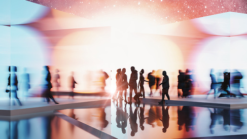Stylised illustration of people moving through a bright, futuristic digital environment. Blurred silhouettes walk across reflective surfaces within abstract architectural forms, representing innovation, technology, collaboration and the future of connected systems.