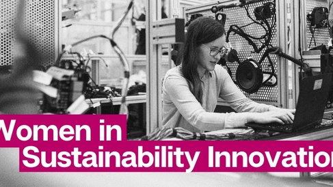 A female software engineer working behind the caption Women in Sustainability Innovation