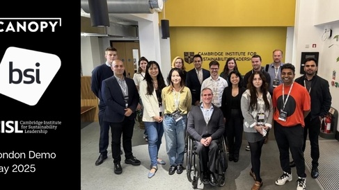 A cohort of smiling European innovators are gathered in the Entopia building smiling at the Camera for a cohort photograph.
