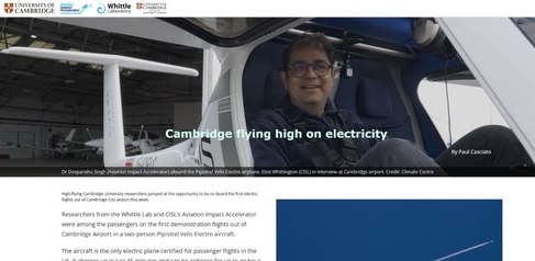 Screengrab of University of Cambridge story about first electric flight from Cambridge Airport