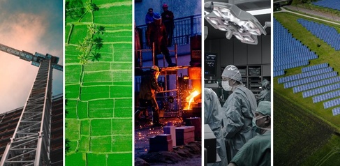 Image collage showing CISL's priority sectors - Built environment, Land, food and agriculture, Industry and manufacturing, Health systems, Energy systems