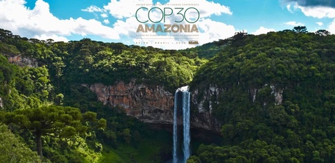 COP30 Amazonia logo and image of waterfall and dramatic forested hillside