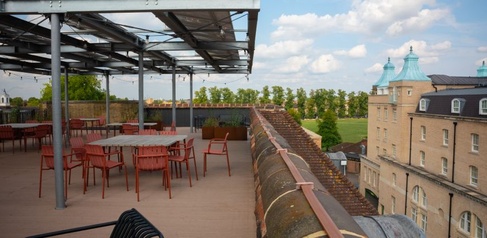 View of the roof of the Entopia Building, with solar panels above and with views towards Parker's Piece