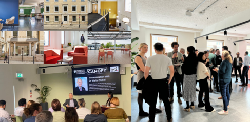 You can see a collage of moments in this photo, a crowd of people gathered in a forum discussing ideas and engaging with eachother. A seminar being hosted with Walter Stahel the founding father of circularity, and 6 shots of the Entopia building.