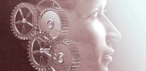 Gears and profile of woman's face 