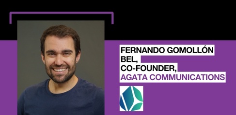 Fernando and the Agata Communications logo on a Canopy design welcoming new members