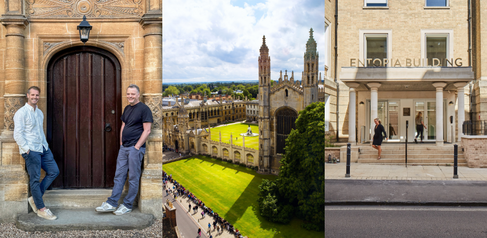 Two men stand infornt of the doors of a Cambridge University College, Jesus College is photographed from above and two women are photographed coming to and from CISL's Entopia building. 