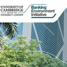 Promotional graphic featuring the “University of Cambridge Institute for Sustainability Leadership” and “Banking Environment Initiative” logos over a backdrop of a modern glass building partially obscured by green trees and palm leaves, suggesting a link between sustainable finance and environmental leadership.