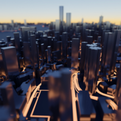 This is a computer generated image of blocks representing buildings in a city, with lines running below the blocks lighting up, representing an energy grid actively supplying the city with energy and power. 