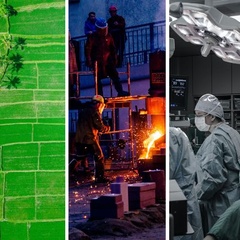 Image collage showing CISL's priority sectors - Built environment, Land, food and agriculture, Industry and manufacturing, Health systems, Energy systems