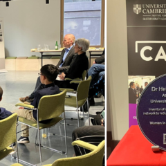 Left - Helen Ma and her family stand by her purple plaque award. Right - a close up of the award