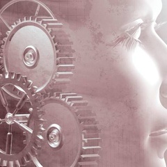 Gears and profile of woman's face 