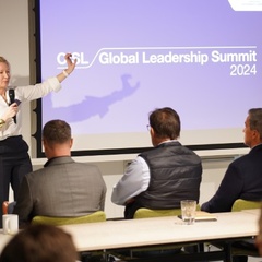 CISL's interim CEO, Lindsay Hooper, addresses attendees at the Global Leadership Summit in Cambridge