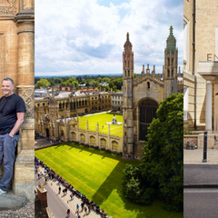Two men stand infornt of the doors of a Cambridge University College, Jesus College is photographed from above and two women are photographed coming to and from CISL's Entopia building. 