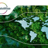 A dense green forest canopy forms a natural frame around an opening shaped like a world map, with blue ocean areas and green continents visible through the gap. In the upper left corner, the “ClimateWise” logo appears with a circular multicolored ring around it.
