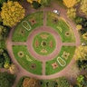 Aerial view of a circular landscaped garden with concentric pathways, flower beds, and surrounding trees, illustrating circular design and resource flow principles.
