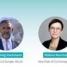 Two circular portraits appear side by side on a blue gradient background. The left portrait shows Fleming Voetmann with a turquoise name label and the title “Chair of CLG Europe, VELUX.” The right portrait shows Helena Norrman with a matching turquoise name label and the title “Vice‑Chair of CLG Europe, SSAB.” A small CLG Europe logo sits in the upper left corner.