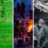 Image collage showing CISL's priority sectors - Built environment, Land, food and agriculture, Industry and manufacturing, Health systems, Energy systems