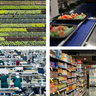 Collage of the food system, workers on a farm, food production chain, food waste and distribution (supermarket)
