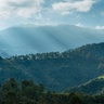 Forest and mountains in Colombia with sun shining through clouds