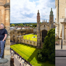 Two men stand infornt of the doors of a Cambridge University College, Jesus College is photographed from above and two women are photographed coming to and from CISL's Entopia building. 