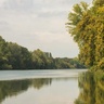 View low over waters of River Po in Turin, Italy