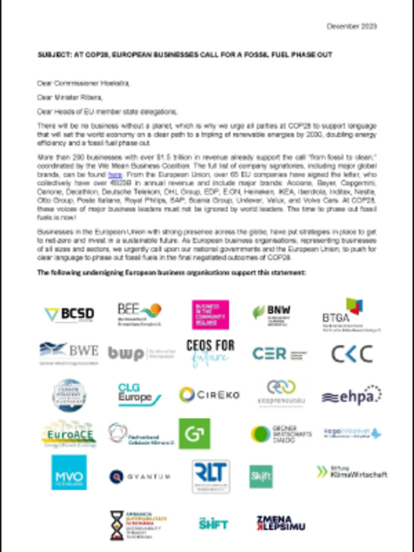 Business networks from across Europe call for fossil fuel phase out at COP28