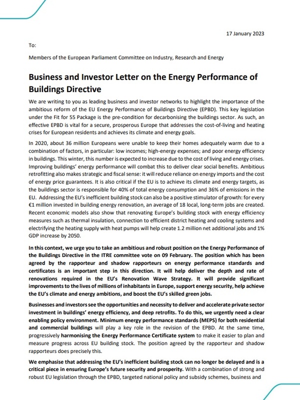 Leading business and investor networks call for ambitious reform of the EU Energy Performance of Buildings Directive