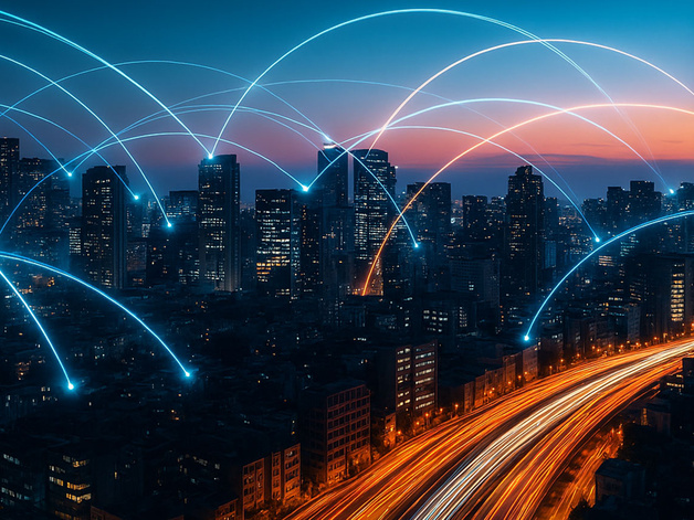 A futuristic city skyline at dusk with bright blue digital connection arcs and orange light‑trail roads representing interconnected systems and dynamic urban activity.