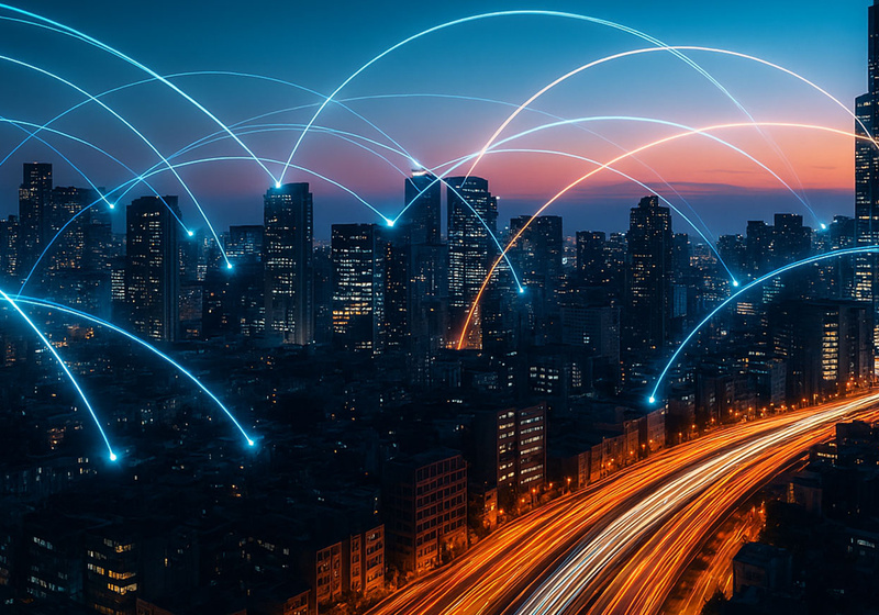 A futuristic city skyline at dusk with bright blue digital connection arcs and orange light‑trail roads representing interconnected systems and dynamic urban activity.