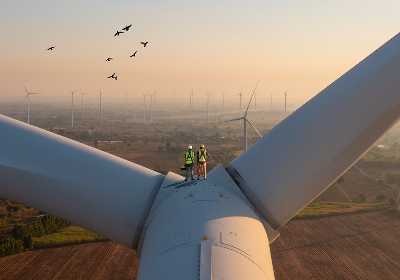 People standing on top of wind turbine, looking into a whole wind farm