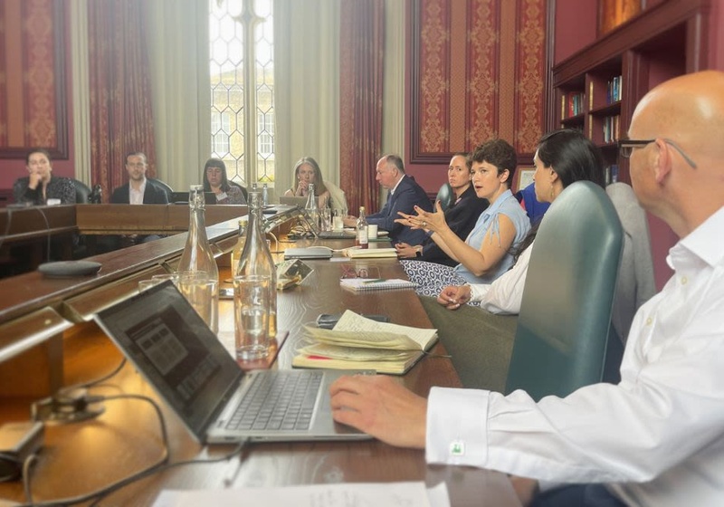A group of people seated around a large wooden conference table in an ornate meeting room with tall windows, patterned curtains, red‑and‑gold wallpaper, and bookshelves, discussing documents and laptops while one participant gestures during the conversation.