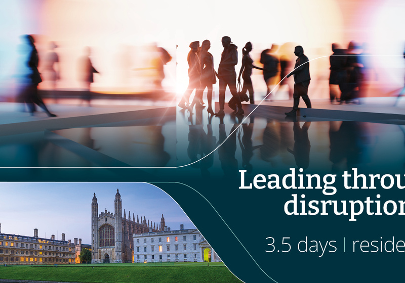 A promotional banner split between a blurred, fast‑moving crowd scene above and a historic Gothic university building below, with overlaid text reading “Leading through disruption – 3.5 days | residential.”
