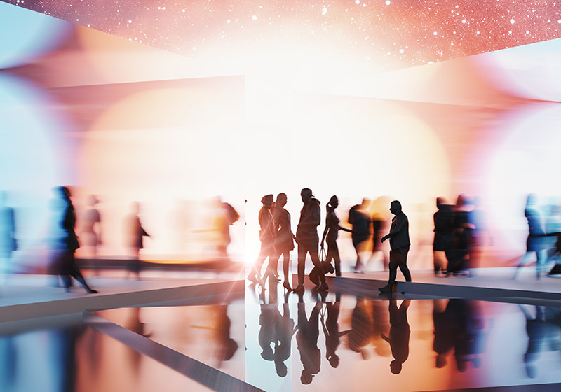 Stylised illustration of people moving through a bright, futuristic digital environment. Blurred silhouettes walk across reflective surfaces within abstract architectural forms, representing innovation, technology, collaboration and the future of connected systems.