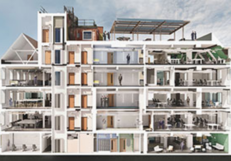 Cross‑section architectural rendering of a multi‑storey building showing detailed interior layouts, workspaces, meeting rooms, and sustainable design features.