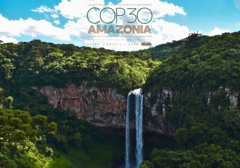 COP30 Amazonia logo and image of waterfall and dramatic forested hillside