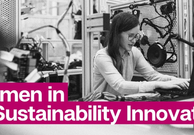 A female software engineer working behind the caption Women in Sustainability Innovation