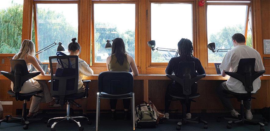 Five people sit at a long shared desk working on laptops in a bright workspace with large windows and trees visible outside.