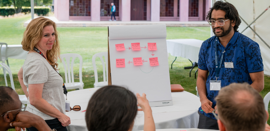 Postgraduate students working together around a board with sticky notes
