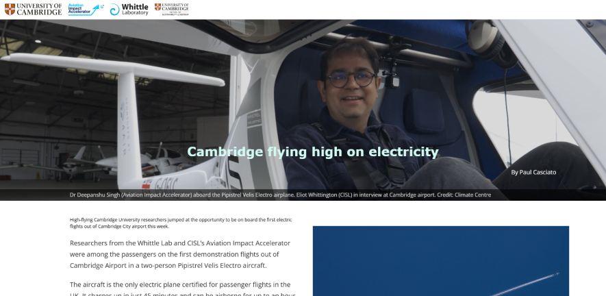 Screengrab of University of Cambridge story about first electric flight from Cambridge Airport