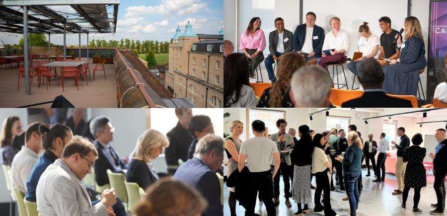 Canopy at Cambridge Wide Open Day 2026 The Entopia Building photographed from the roof top terrace, a pannel of experts talking at CISL, a crowd within Entopia, a coffee break and networking event at CISL's entopia